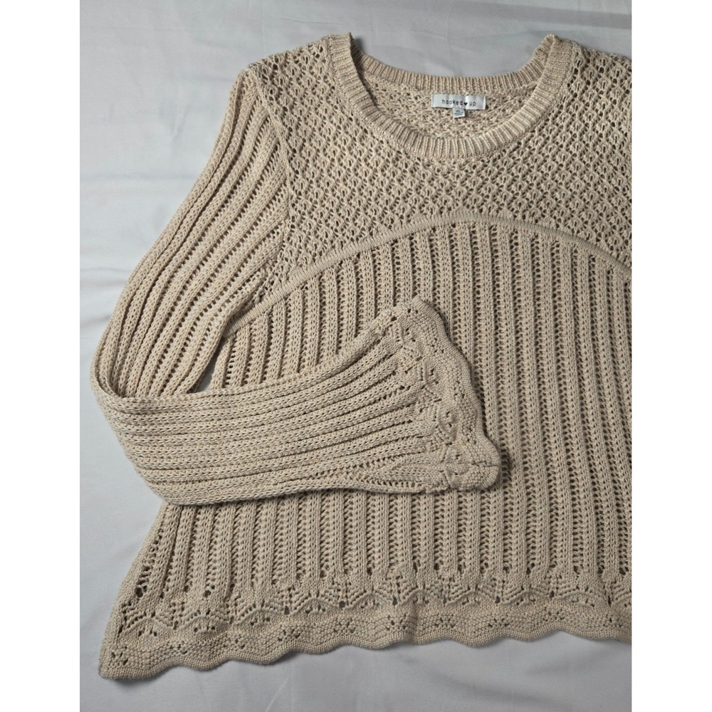 Womens Sz XL Open Knit Crochet Sweater Beige Boho Beach Festival Top